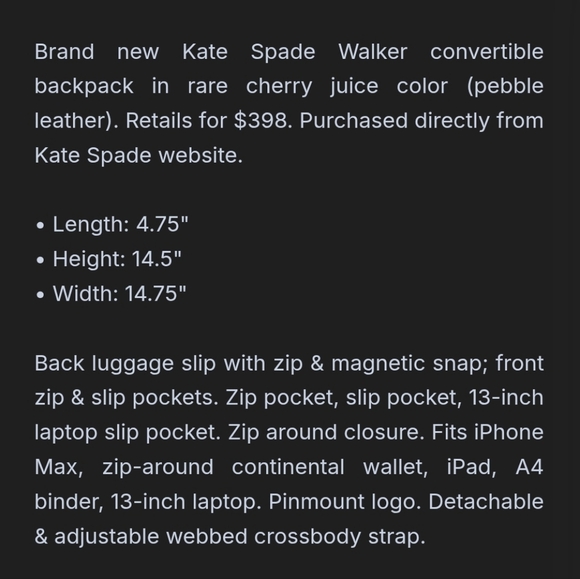 Kate Spade Convertible Walker Backpack Cherry Juice - Picture 14 of 16